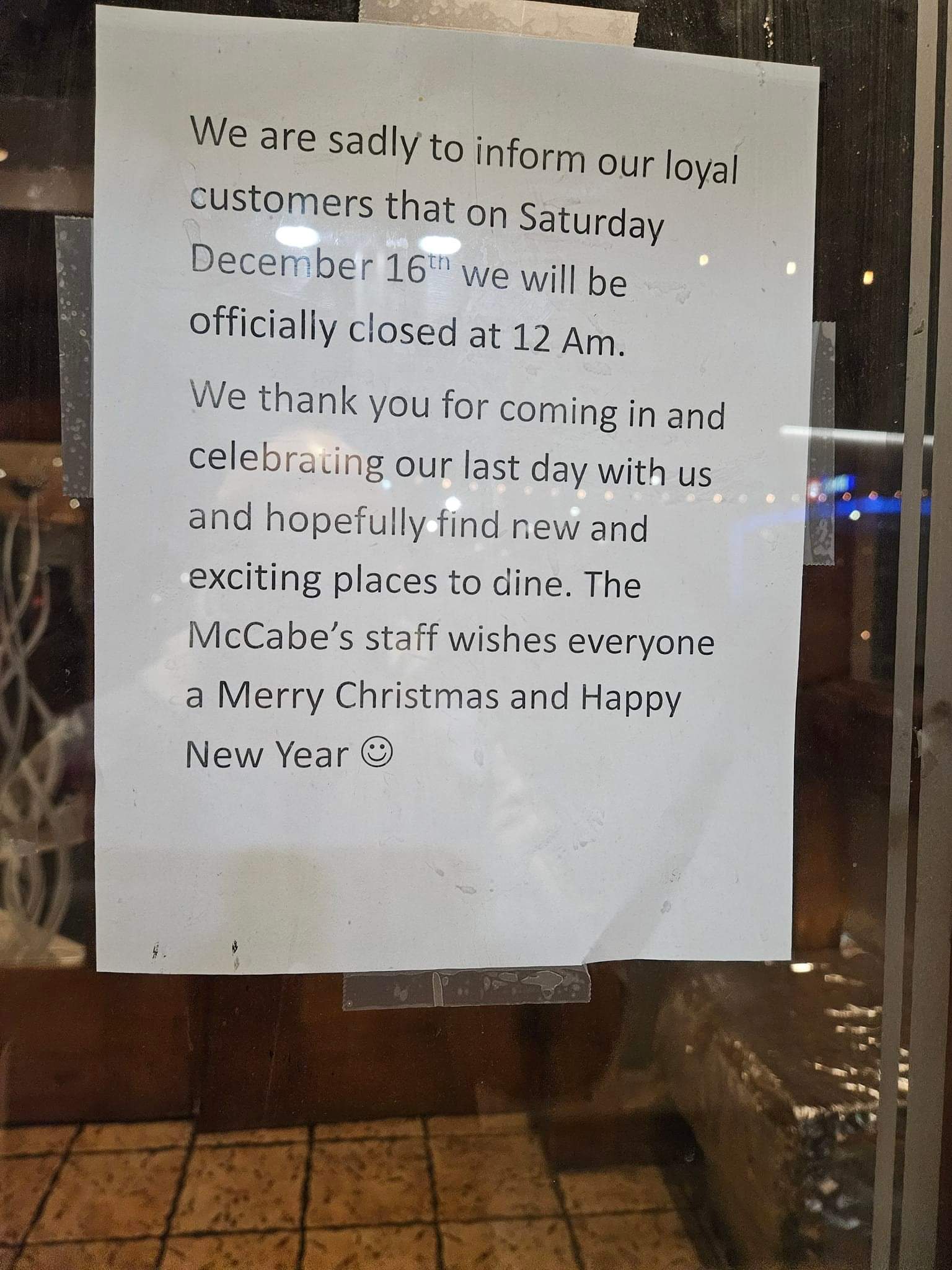 Sign indicating that McCabes is closing